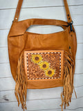 Sunflower Tooled Fringe Soft Leather Hobo