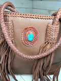 Turquoise Stone Soft Leather Braided Tassel Tote
