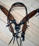 Black Leather Turquoise Feather Tooled Tack Set