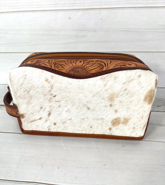 SALE!! Cowhide and Leather Tooled Cosmetic Case