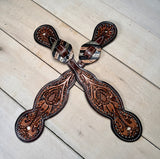 Dark Oiled Leaf Tooled Silver Studded Spur Straps