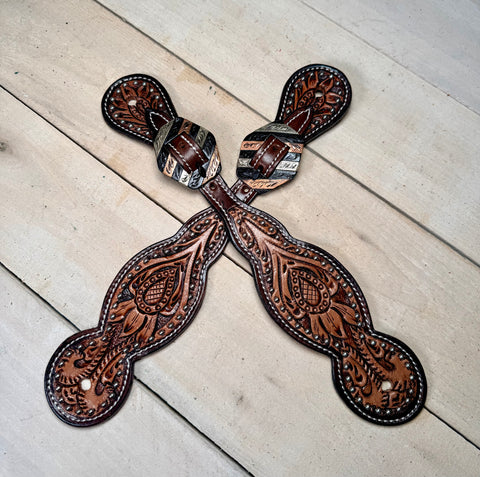 Dark Oiled Leaf Tooled Silver Studded Spur Straps