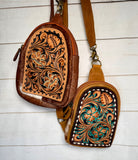 Buckstitch Tooled Leather and Hide Western Sling Bag