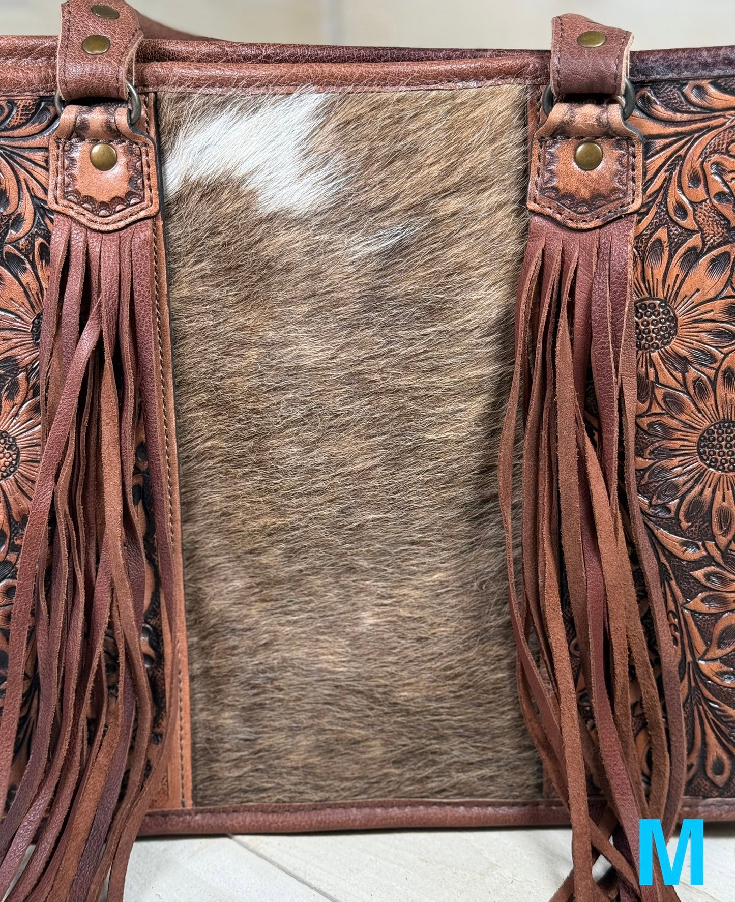 Prescott Brown Pattern Hide Tote with Leather Tooled Sunflowers