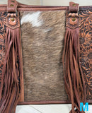 Prescott Brown Pattern Hide Tote with Leather Tooled Sunflowers