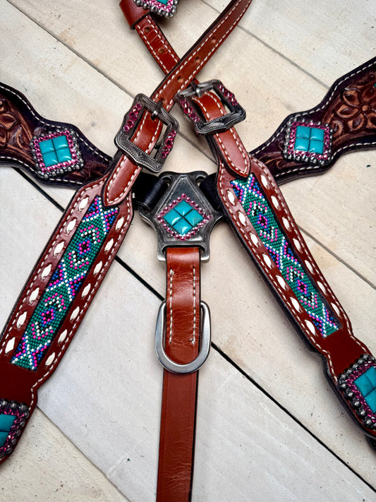 Pink and Teal Beaded with Turquoise Stone Tack Set