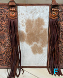 Prescott Light Brown Pattern Hide Tote with Leather Tooled Sunflowers