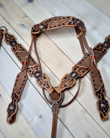 Daisy Buckstitch Rough Out Leather Floral Tooled Tack Set