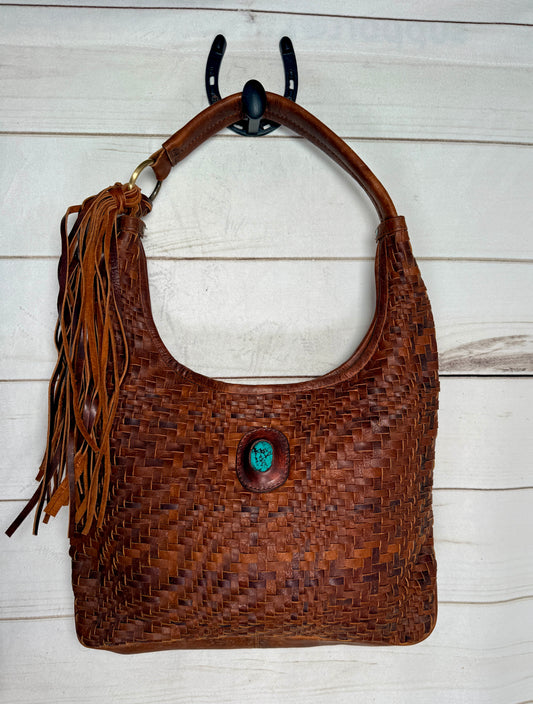 Basket Weave Leather with Turquoise Stone Hobo Bag