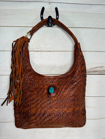 Basket Weave Leather with Turquoise Stone Hobo Bag