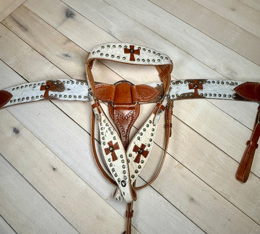 Leather Cross Hair on Hide Silver Stud Tack Set