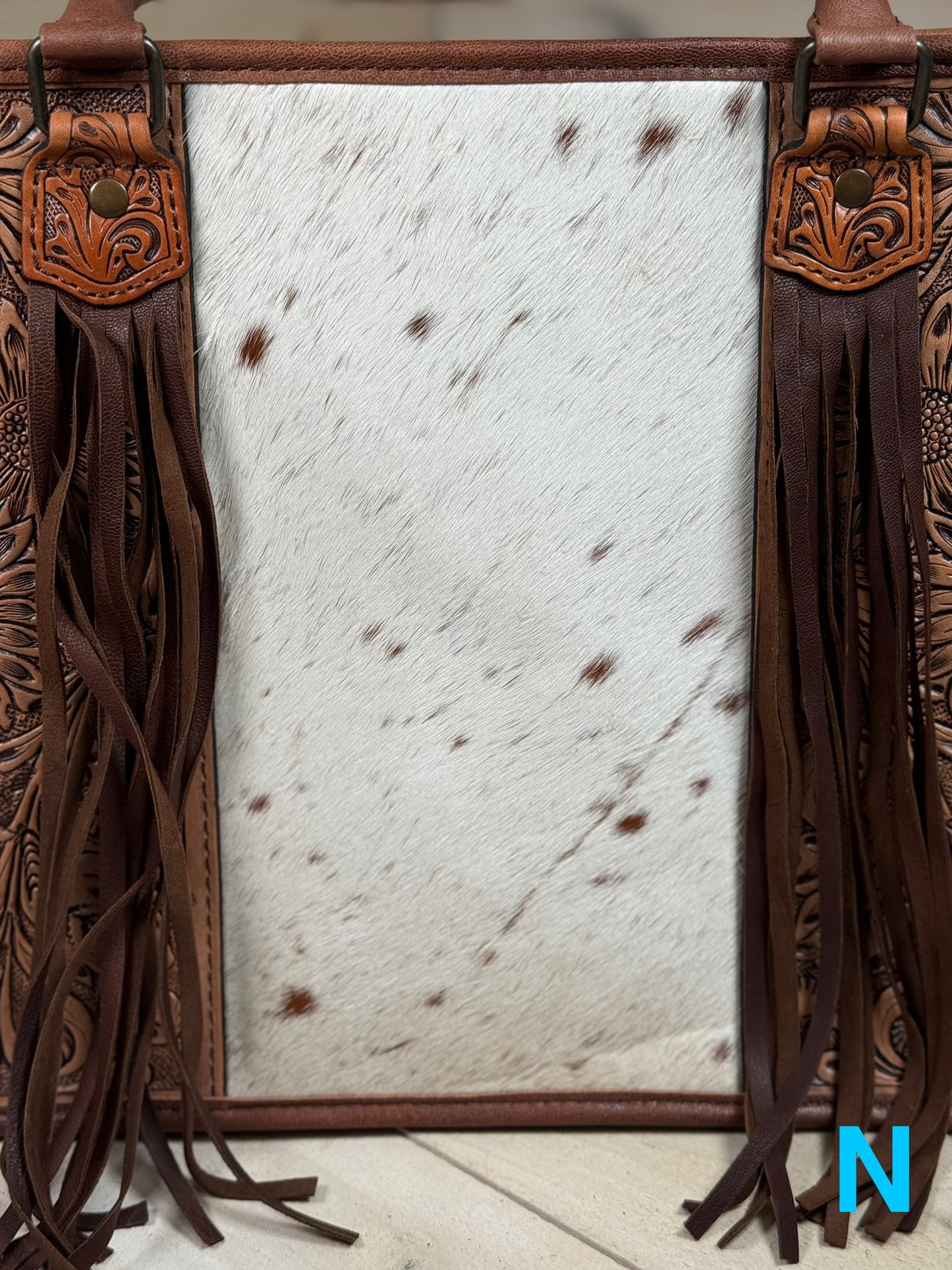 Prescott Brown Pattern Hide Tote with Leather Tooled Sunflowers