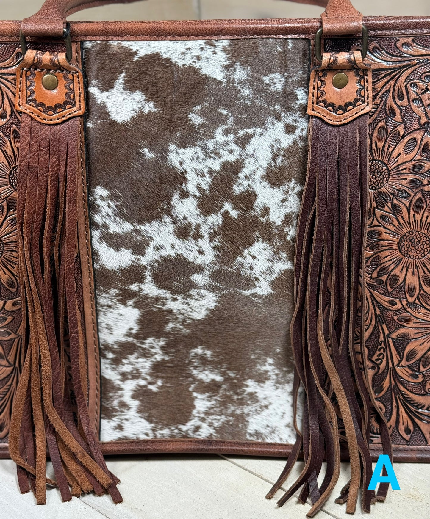 Prescott Brown Pattern Hide Tote with Leather Tooled Sunflowers