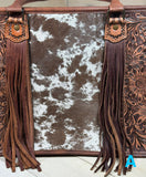 Prescott Brown Pattern Hide Tote with Leather Tooled Sunflowers