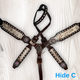 Cowhide on Dark Leather Tack Set with Buckstitch and Crystal Conchos