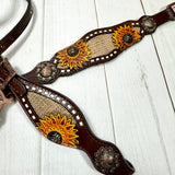Dark Leather Sunflower Buckstitch Burlap Inlay  Tack Set