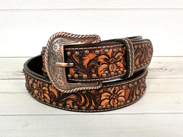 Dark Floral Tooled Studded Western Belt