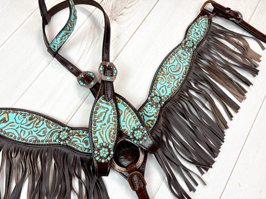 Turquoise Filigree Brown Leather Fringe Tack Set