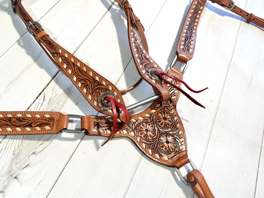 Floral Tooled Gladiator Style Leather Tack Set