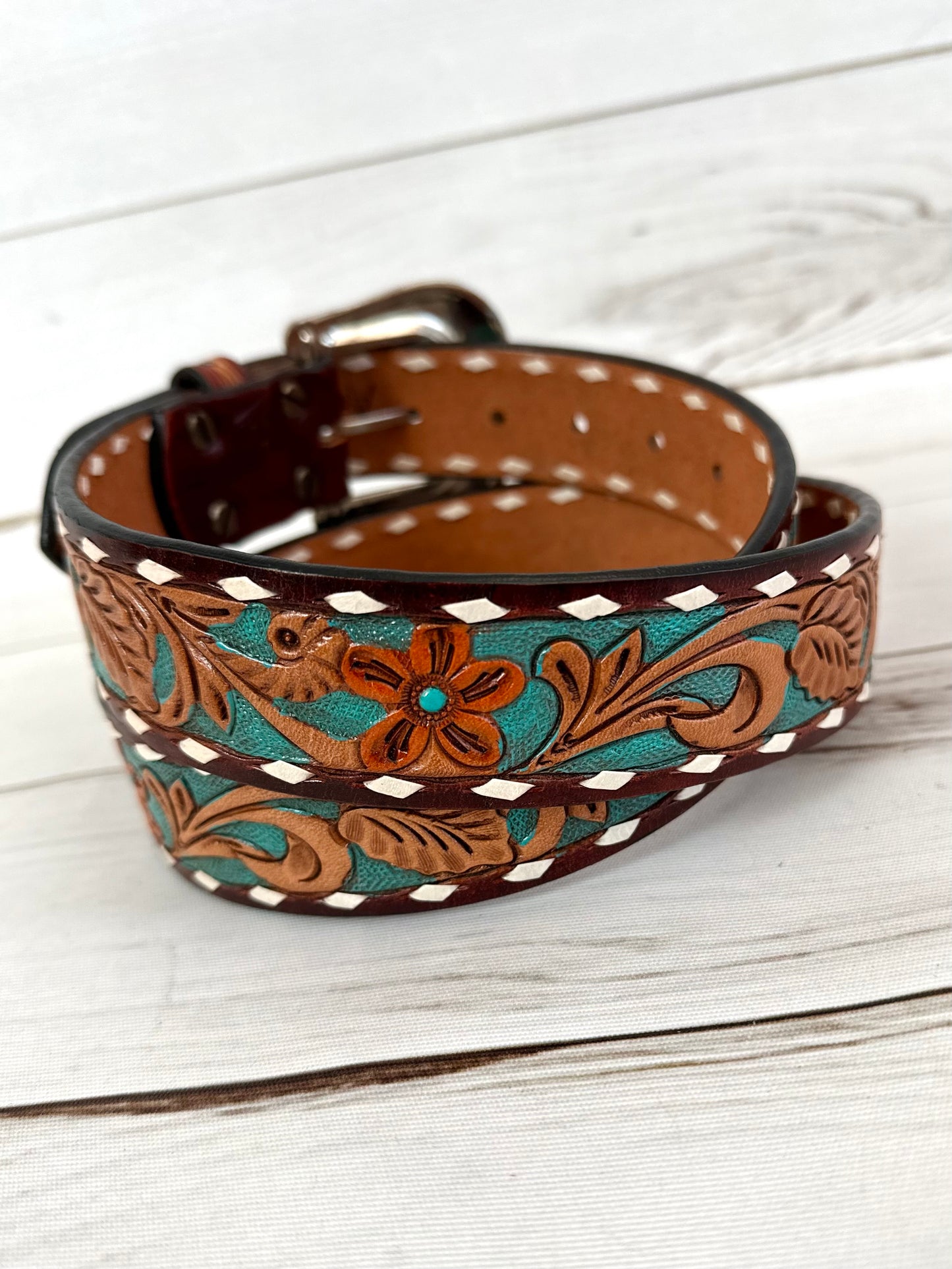 Teal Floral Tooled Leather Woman’s Belt
