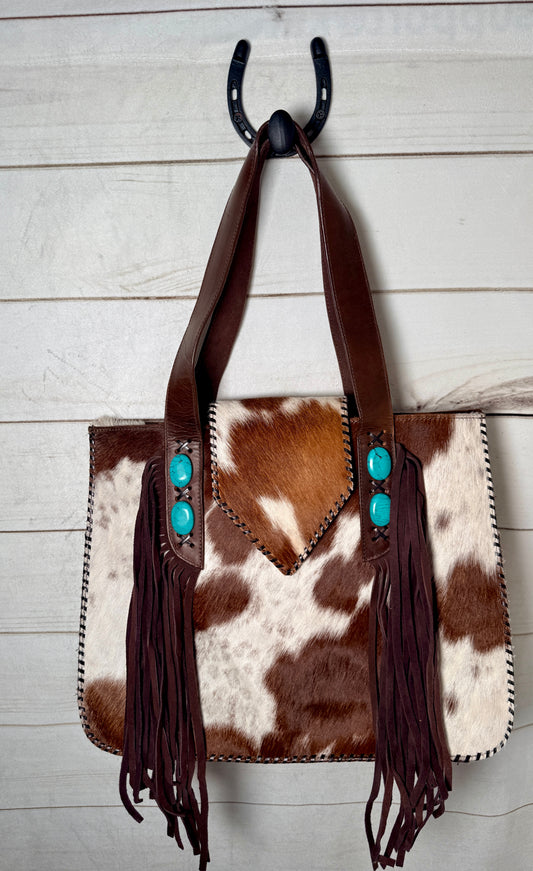Cowhide Turquoise Stone Whipstitch Handbag