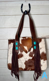 Cowhide Turquoise Stone Whipstitch Handbag