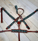 Teal White and Black Beaded Silver Concho Tack Set