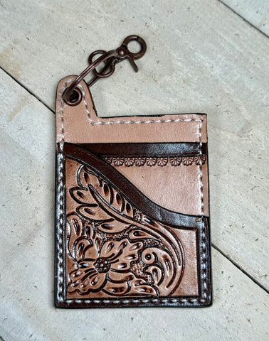 Leather Tooled Western Card Holder Keychain