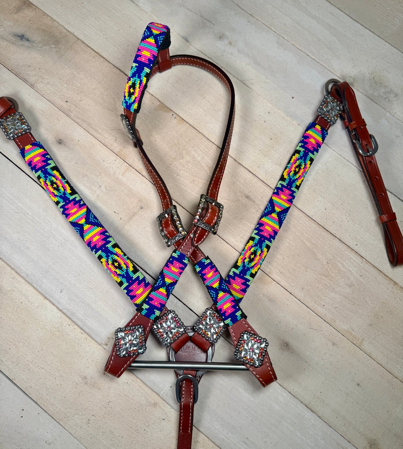 Neon tribal beaded leather tack set in pink, yellow and turquoise