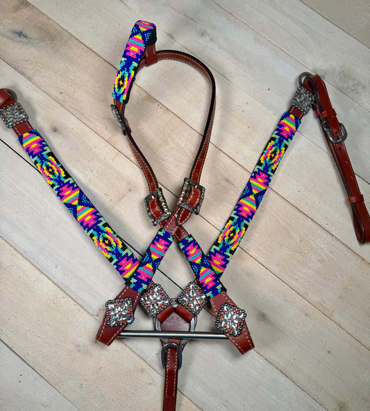 Neon Tribal Beaded Leather Tack Set