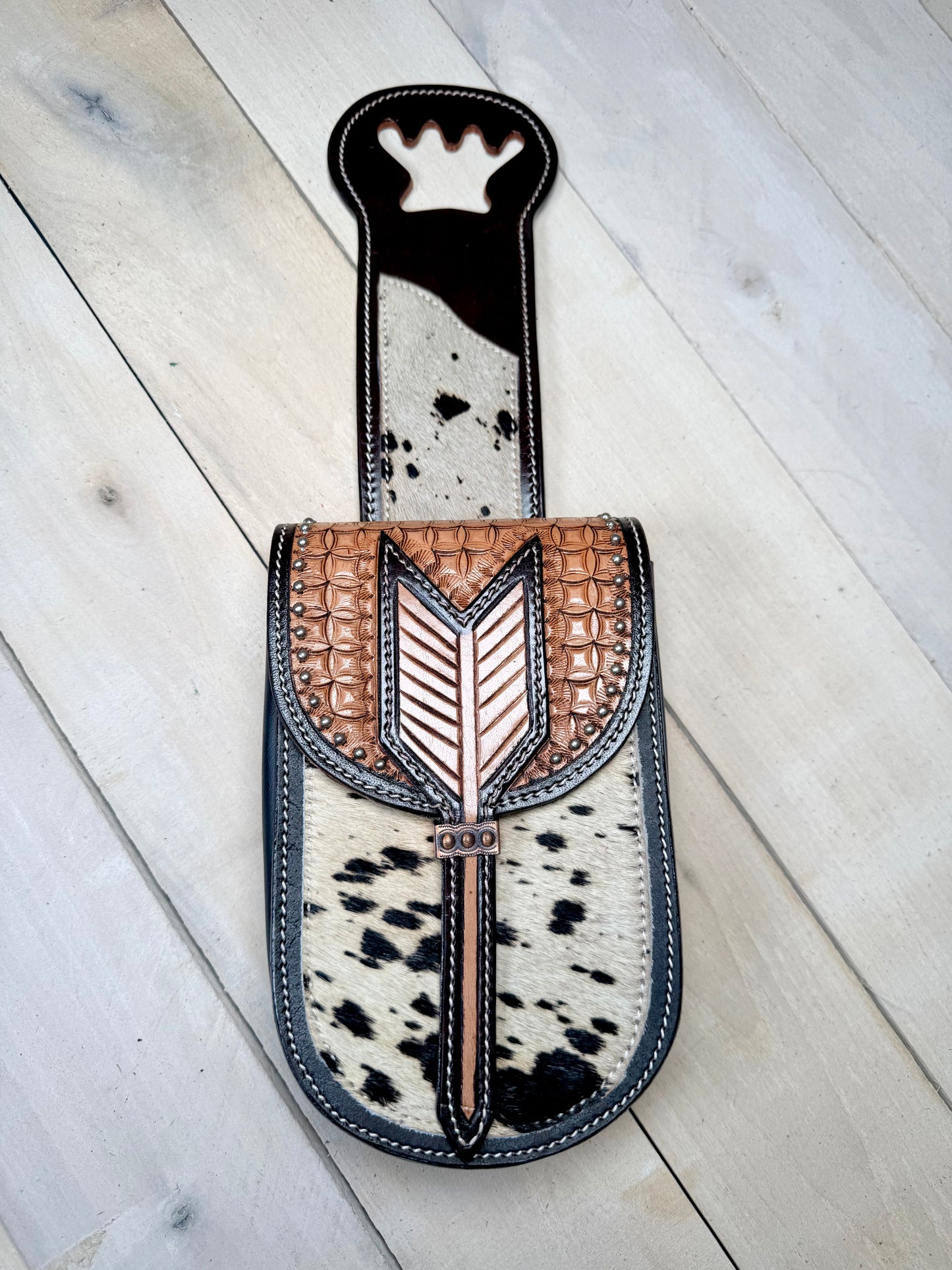 Cowhide  Silver Studded and Leather Tooled Saddle Bag