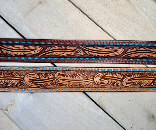 Brown Feather Tooled Leather Handbag Strap with Blue Buckstitch