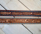Brown Feather Tooled Leather Handbag Strap with Blue Buckstitch