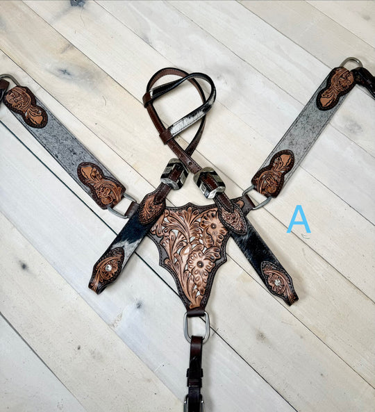 Floral Tooled Cowhide Inset Tack Set
