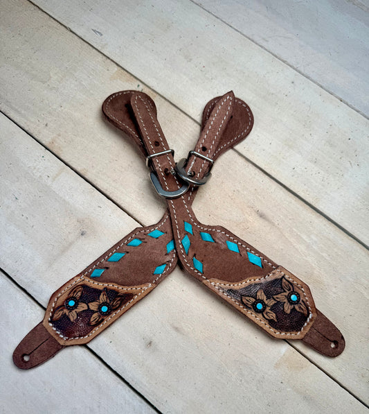 Daisy Buckstitch Rough Out Teal Spur Straps