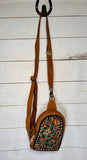 Buckstitch Tooled Leather and Hide Western Sling Bag