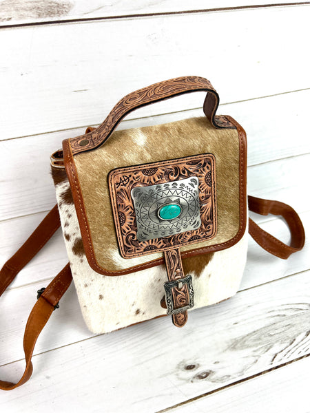 Small Silver Concho Cowhide and Leather Sunflower Tooled Backpack