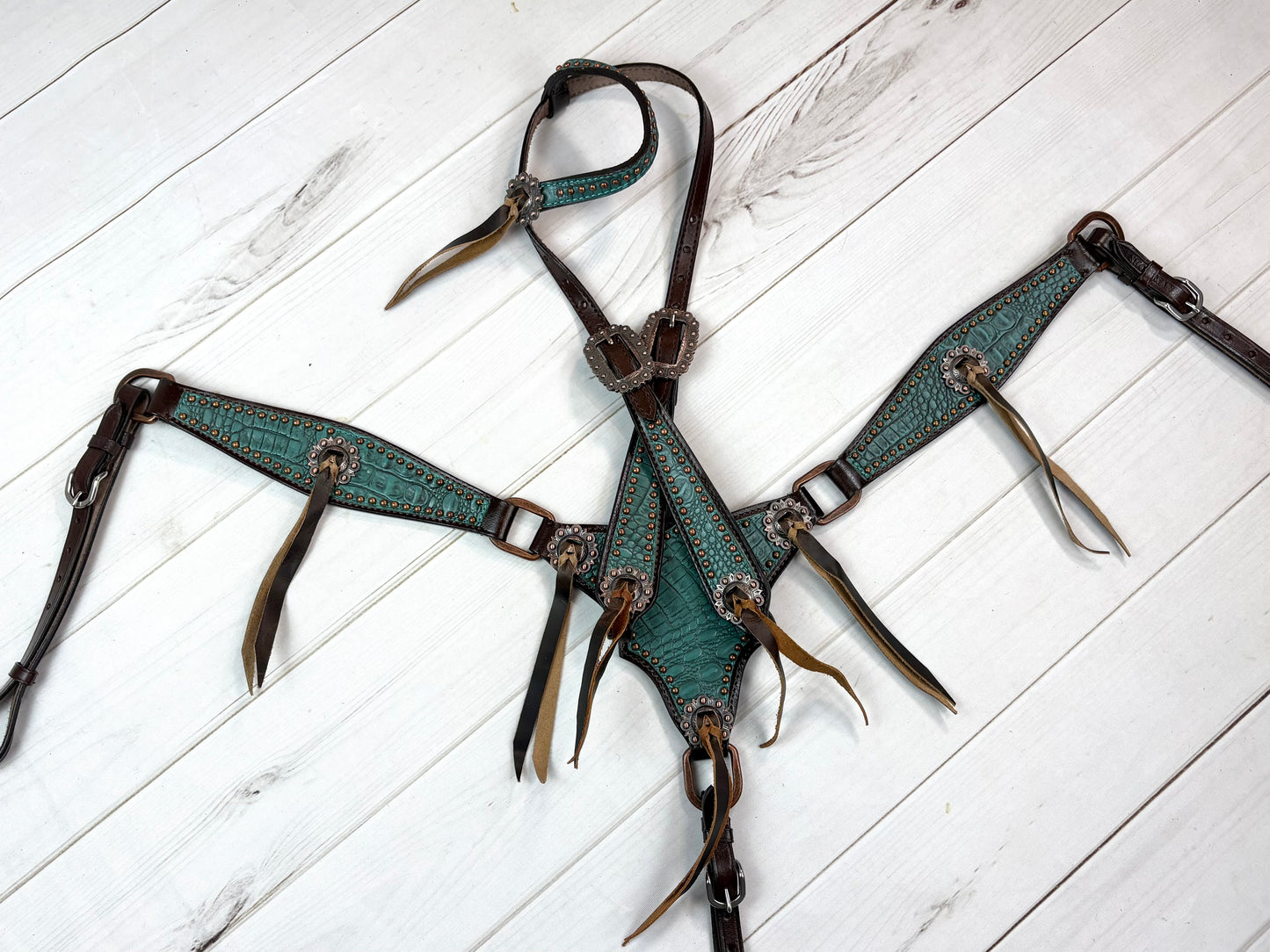 Dark Teal Gator Gladiator Style Leather Tack Set