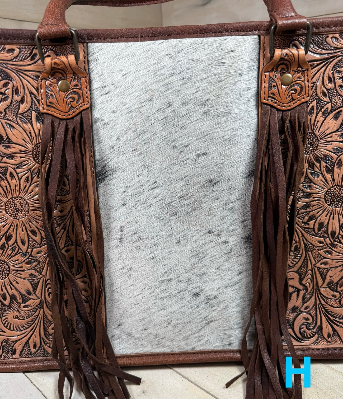 Prescott Brown Pattern Hide Tote with Leather Tooled Sunflowers