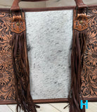 Prescott Brown Pattern Hide Tote with Leather Tooled Sunflowers