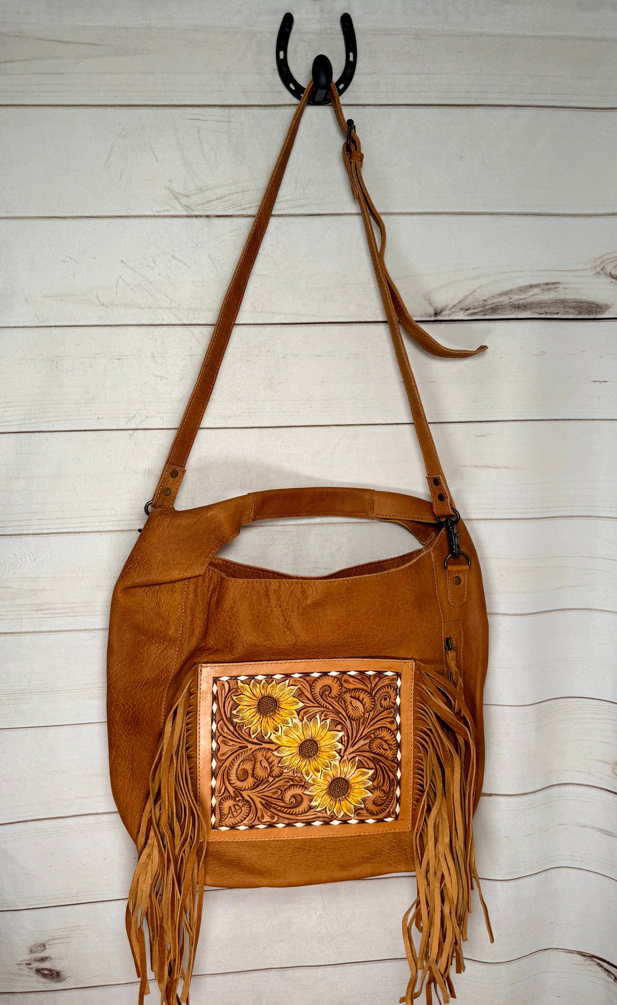 Sunflower Tooled Fringe Soft Leather Hobo