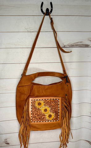 Sunflower Tooled Fringe Soft Leather Hobo