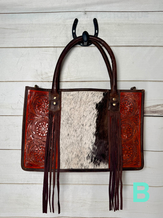 Cowhide and Floral Leather Tote Bag