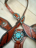 Turquoise Stone Silver Concho Dark Leather Tack Set