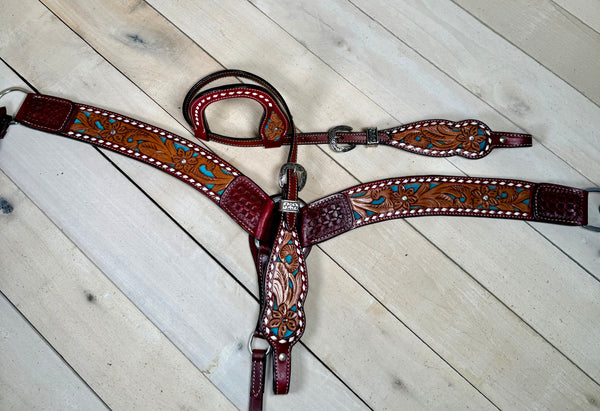 Burgundy Leather Teal Inset Floral Tooled Tack Set
