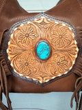 Turquoise Stone Fringe Leather Tooled Hobo Bag
