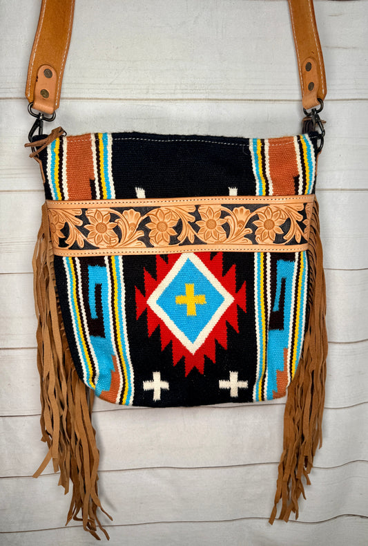 Floral Tooled Black, Red and Turquoise Crossbody