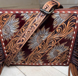 Floral Tooled White Buckstitch and Fringe Crossbody Handbag