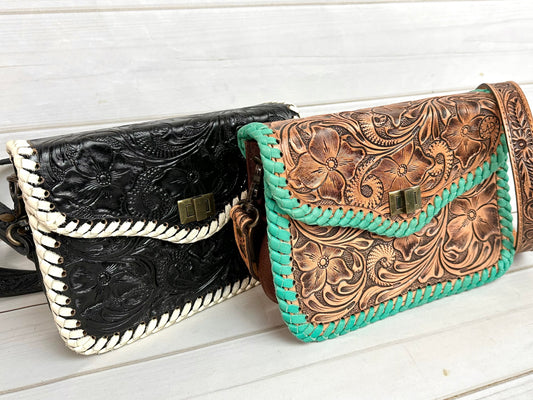 Braided Leather Border Pill Box Crossbody Western Leather Handbag