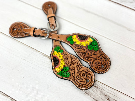 Sunflower Cactus Painted Leather Spur Straps